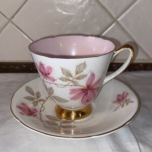 RARe Vintage Old Royal Bone China Footed Teacup Saucer  Pink Floral Gold accent
